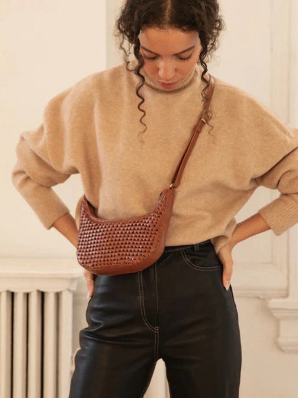 Bembien Woven Mini Sling Leather Crossbody Bag in Cognac Brown